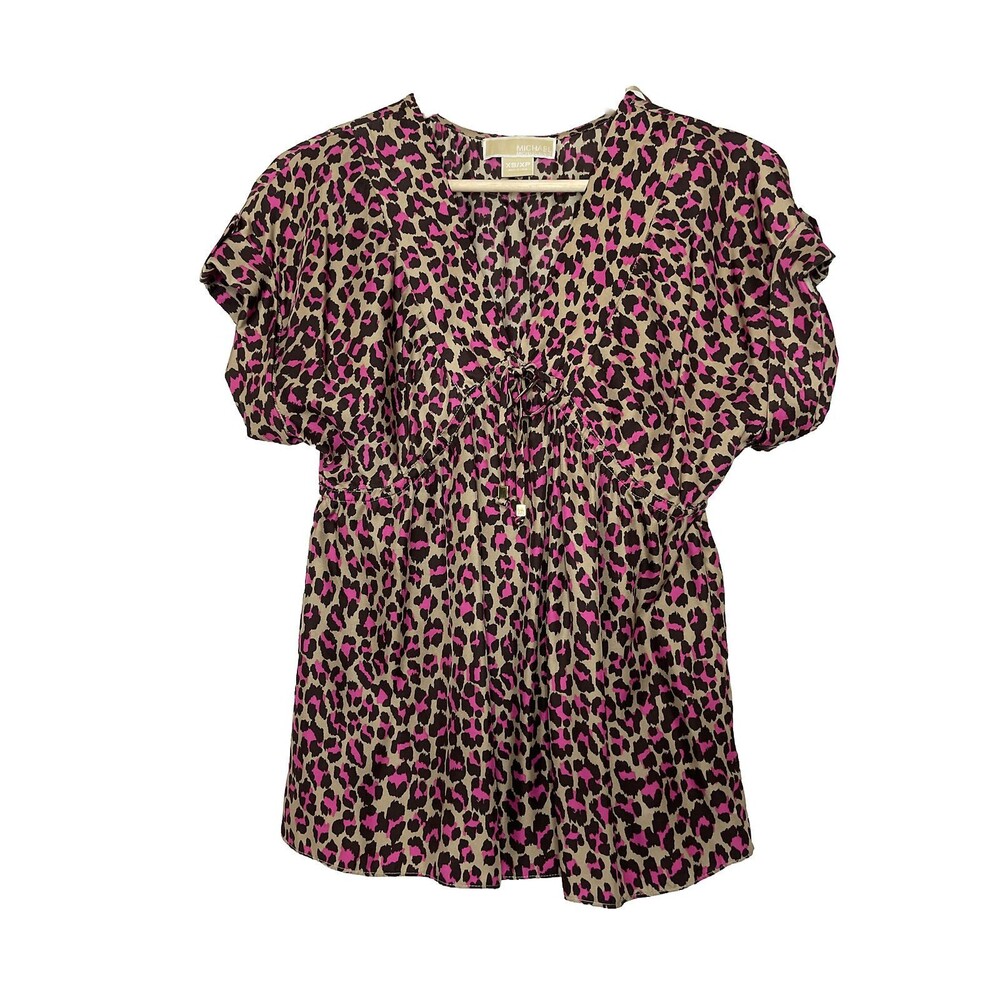 Michael Kors Womens XS Cheetah Pink Animal Print VNeck Short Sleeve Silk Blouse